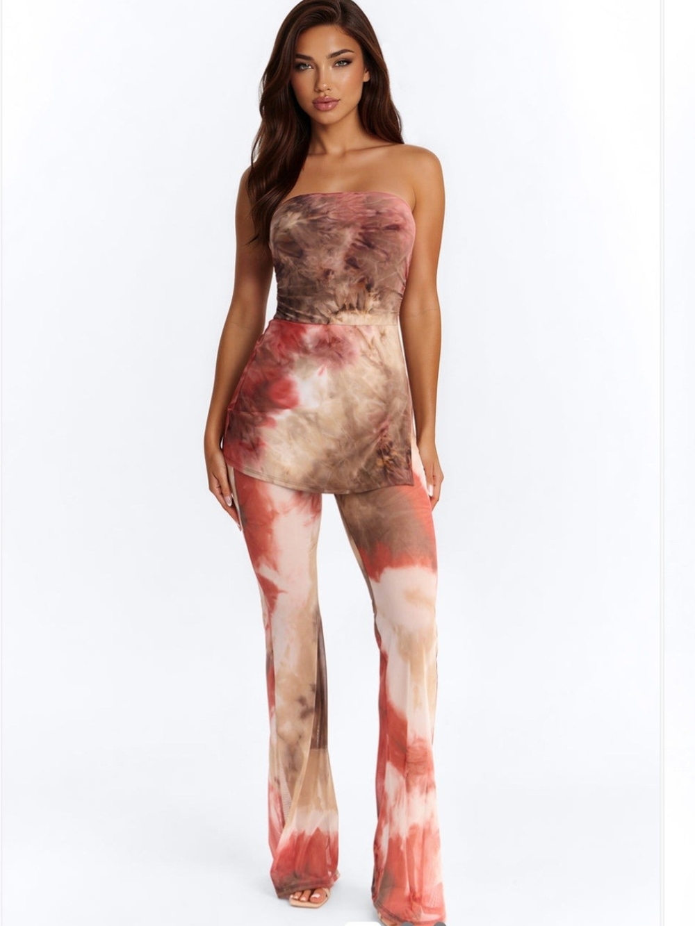 Fashion Nova Strapless Tie-Dye Flare Jumpsuit in Rust & Taupe